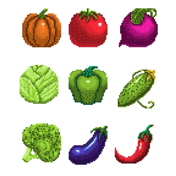 Set of pixel art fruits icon. 32x32 pixels. Vector illustration on