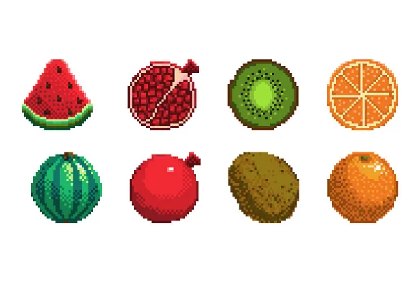 Set of pixel art fruits icon. 32x32 pixels. Vector illustration on a white background. — Stock Vector