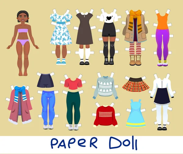 Muñeca de papel linda chica con conjunto de ropa y zapatos — Vector de stock