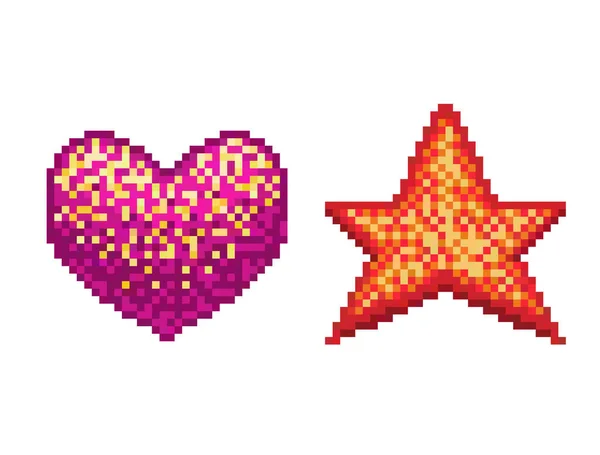 Pixel art shiny heart and star icon — Stock Vector
