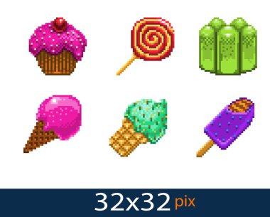 piksel tarzı tatlılar simgeler. Vektör illüstrasyonu