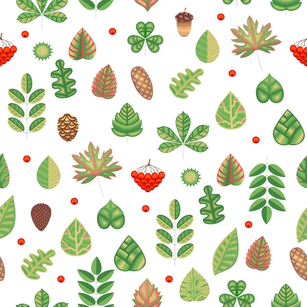 Бесшовный рисунок с листьями, ягодами и шишками — стоковый вектор