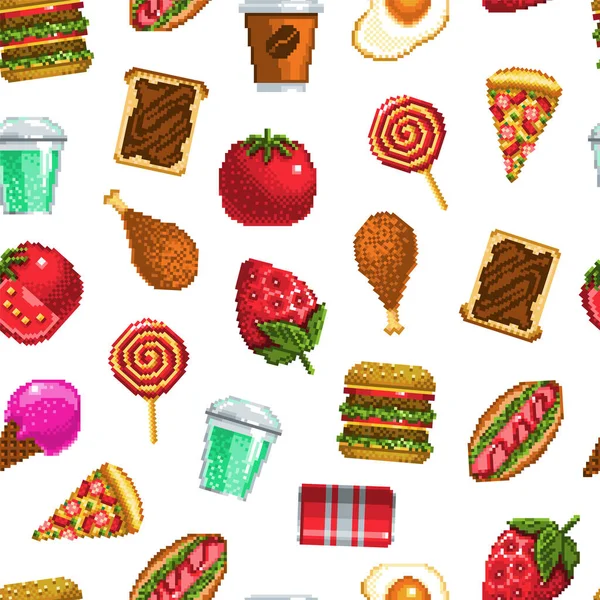 Seamless pattern with food in pixel art style — Stock Vector