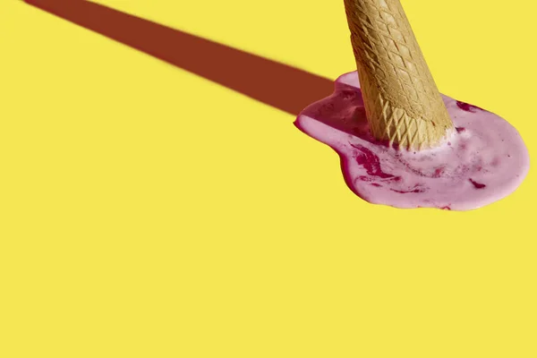 Strawberry Ice Cream Cone Upside Melted Yellow Background — Stock Photo, Image