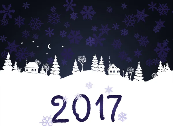 New year 2017 background with white silhouettes of winter countryside landscape: firs, trees, houses, bushes, snowdrifts, moon and stars. Dark sky with snow flakes. Vector illustration. — Stock Vector