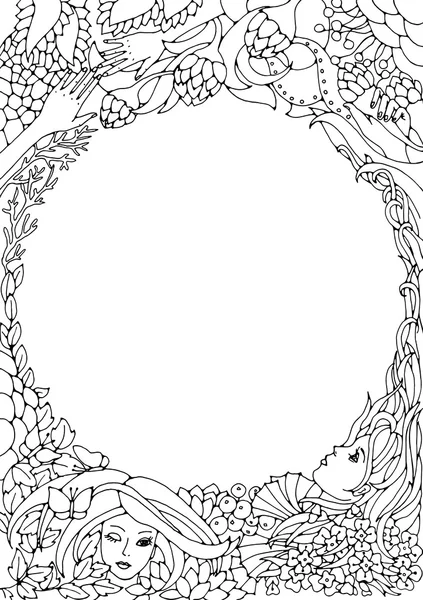 Floral decorative element with round space for text. Surreal female faces, leaves, waves, branches and flowers. Black and white vector illustration for coloring pages or other. — ストックベクタ