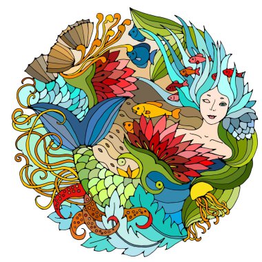 Dekoratif yuvarlak öğe ile deniz kızı, deniz yosunu, balık. Parlak renkli vektör çizim. Gerçeküstü şablonu.