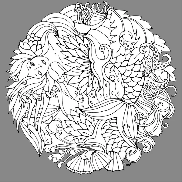 Elemento decorativo con sirena, hojas, peces. Ilustración vectorial en blanco y negro para colorear páginas u otros . — Archivo Imágenes Vectoriales