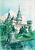 Akvarel na zámek Bojnice. Staré zdi a věže na břehu nějaké rybník, letní krajina.