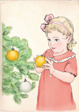 Vintage tarzı illüstrasyon Noel tebrik kartı için. Sarı ve beyaz top ile Noel ağacı süsleme pembe elbise giymiş küçük bir kız.