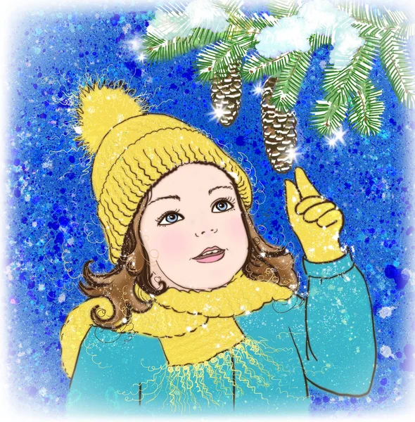 Zimní portrét roztomilé dítě dívka na sobě teplé oblečení: tyrkysový plášť, Žlutý šátek, rukavice a čepici. Pohledu a dojemné větev stromu jedle s dvěma kužely. Vintage styl obrázku. — Stock fotografie