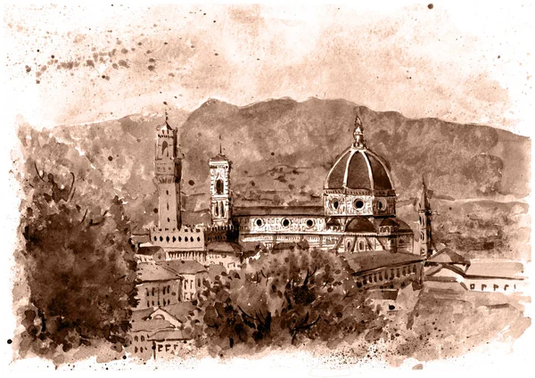 Monochrome vintage illustration of Florence, Italy. Cathedral Santa Maria del Fiore, mounting view. Watercolor painting, design for postcard or other. — Stock Photo, Image