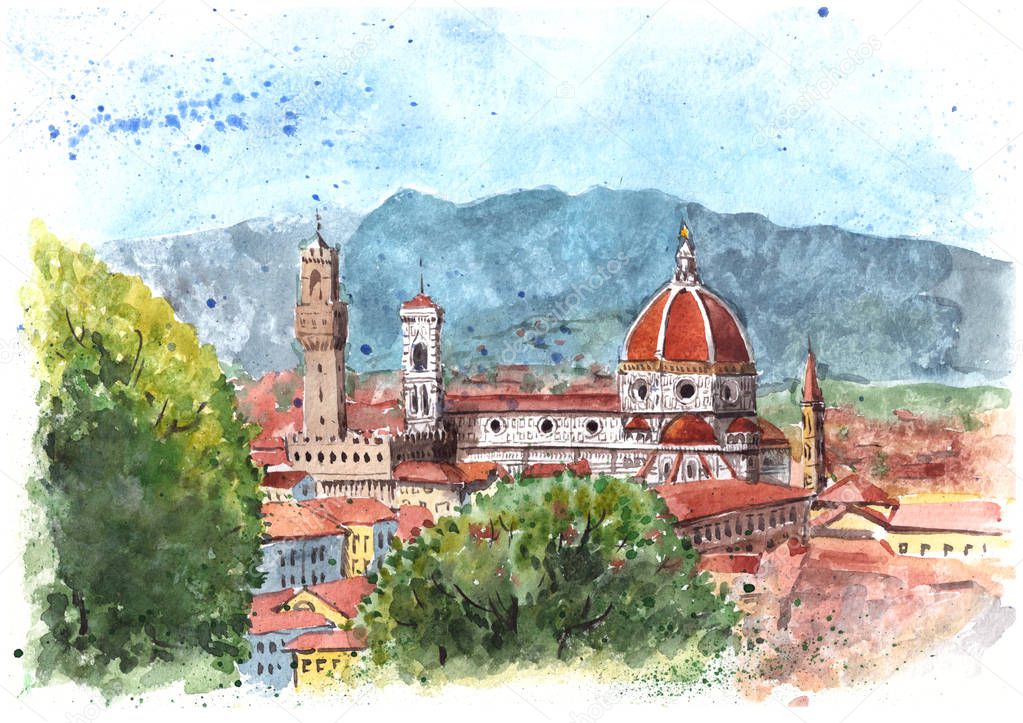 Watercolor painting of Florence, Italy. Cathedral Santa Maria del Fiore, mounting view.