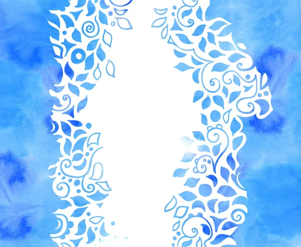 Akvarell szegélyek kék levelek és a spirál. Keret kialakítása a kártyák, a pályázati és egyéb. — Stock Fotó