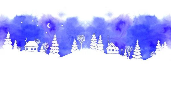 Blue watercolor winter landscapes with white silhouettes of fir trees, snowdrifts, houses, moon, stars and lantern. Seamless border.