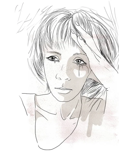 울고, 검은 펜으로 그려진 슬픈 젊은 여자의 초상화. 흰색 바탕에 스케치 monochrom 그림. — 스톡 사진