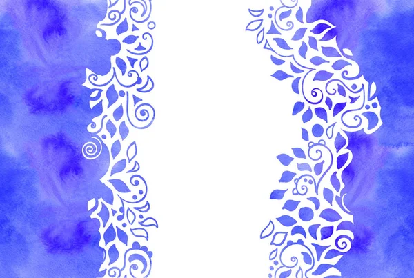 Hand-painted blue watercolor colorful leaves and spirals motif. Frame design for cards, invitation and other. — Stock Photo, Image