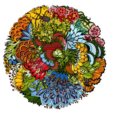 Çiçek yaprakları, böcekler, spiraller ve çiçekler ile dekoratif unsur yuvarlak. Siyah anahatlar parlak soyut şablonu. Beyaz arka plan üzerinde izole vektör çizim.