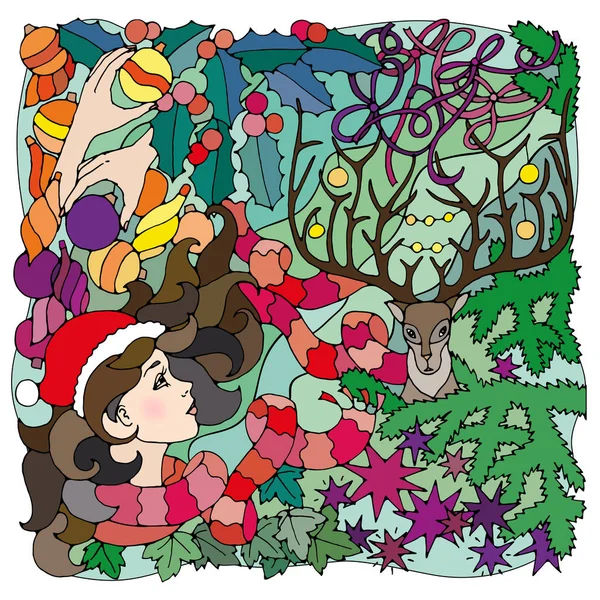 Illustration en noir et blanc pour les pages à colorier - Mystérieux Noël ou fond de nouvel an avec visage de fille, décorations, branches de cerf et de sapin. Modèle graphique surréaliste . — Image vectorielle