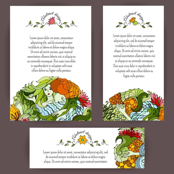 Conjunto de banners verticales y horizontales. Colorido adorno abstracto con caras, hojas y remolinos. Insignia floral decoración. Diseño vectorial para tarjetas, invitación y otros . — Archivo Imágenes Vectoriales