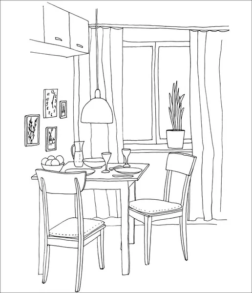 Innen handgezeichnete Skizze. Küche mit Tisch, zwei Stühlen, Fenster, Lampe, Bildern. — Stockvektor