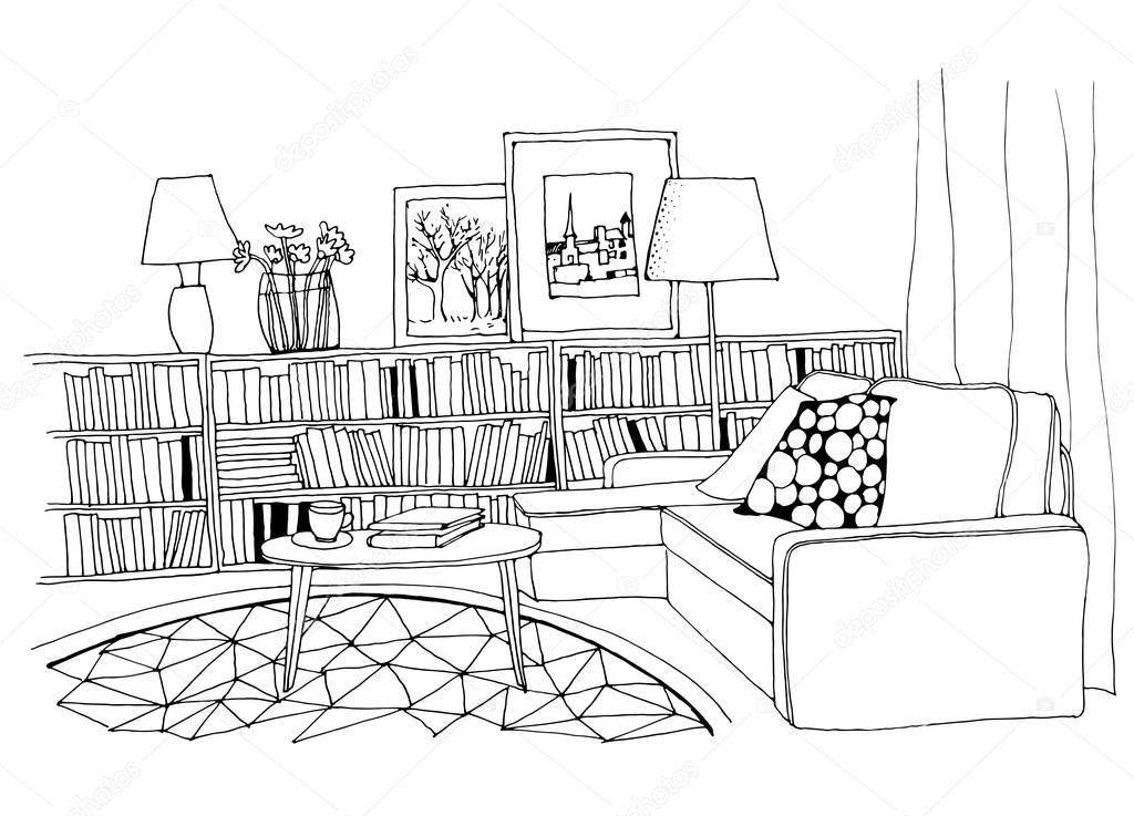 Hand drawn sketch of modern living room interior with a sofa, pillows, small coffee table, bookshelf with a lot of books, lamps, pictures and a vase.