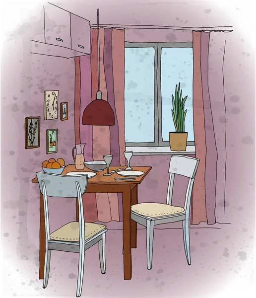 Illustratie van de kleur van de binnenkant. Keuken met een tabel, tafelgerei, twee stoelen, venster, lamp, foto 's. — Stockvector
