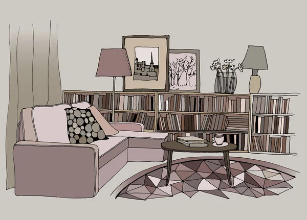 Illustration d'un intérieur de salon moderne avec un canapé, oreillers, petite table basse, bibliothèque avec beaucoup de livres, lampes, photos et un vase.Design vectoriel . — Image vectorielle