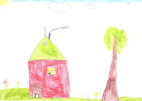 The house and the sun, baby pictures, colored pencil. Near the house a tree and a few flowers. Crayons texture. A color image on a white background. — Stock Photo, Image