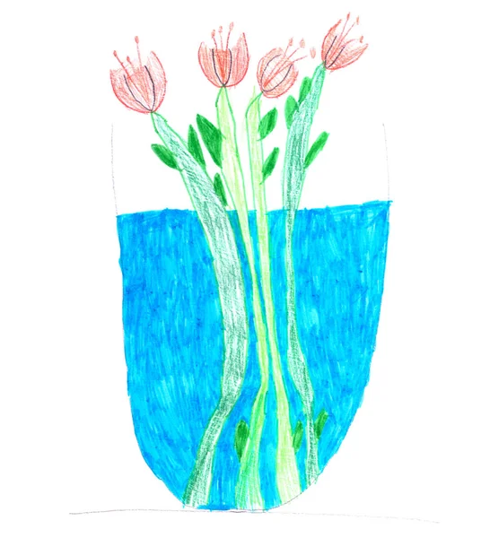 Dibujo infantil. Jarrón con flores rosas. Textura de lápiz. Aislado sobre fondo blanco . —  Fotos de Stock