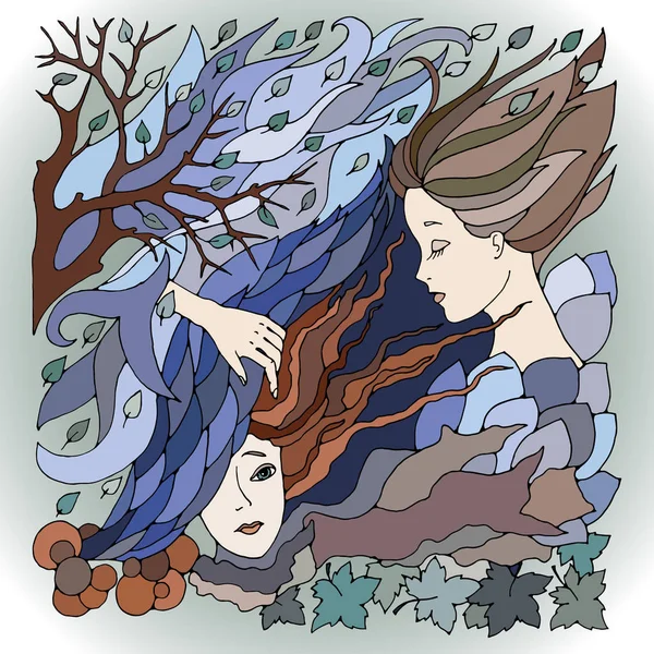 Motif décoratif abstrait avec des visages féminins surréalistes, des feuilles, des vagues, des branches et des feuilles. Illustration vectorielle couleur — Image vectorielle