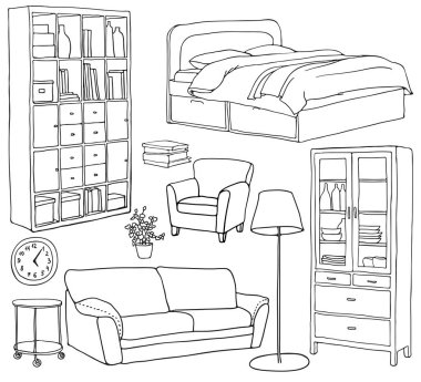 Modern mobilya nesne, Siyah kalemle çizilmiş vektör kümesi. Kitaplık, kanepe, yatak, koltuk, dolap, lamba.