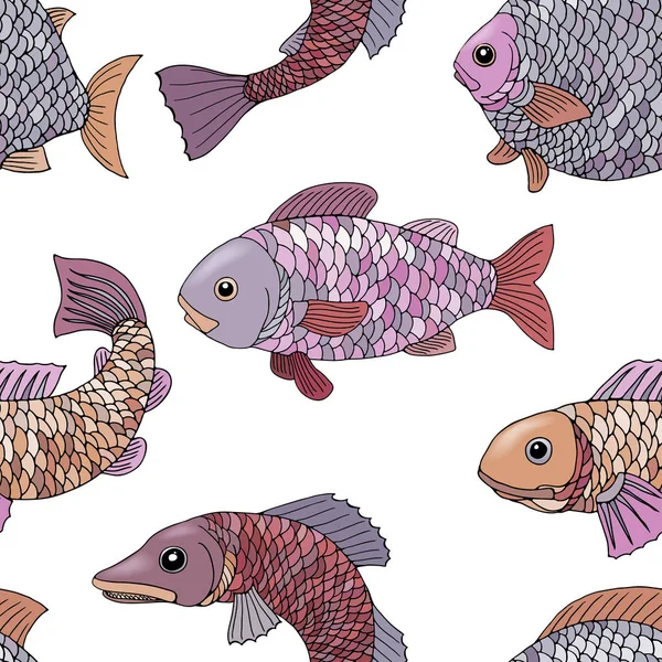 Patrón sin costuras con peces creativos con escamas multicolores, aletas y colas. Aislado sobre fondo blanco . — Archivo Imágenes Vectoriales