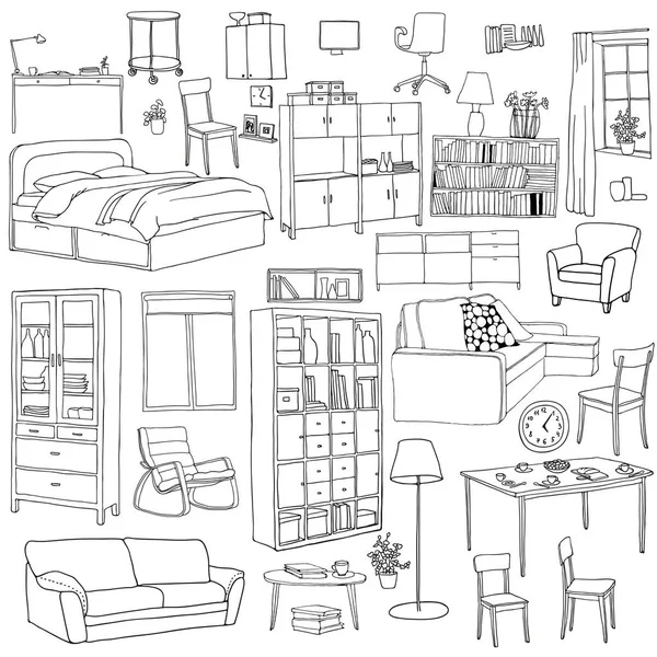 Conjunto vectorial de objetos de muebles modernos, dibujado con pluma negra. Mesa, estante, sofá, cama, sillón, armario, sillas, escritorio, ventana, ollas . — Vector de stock