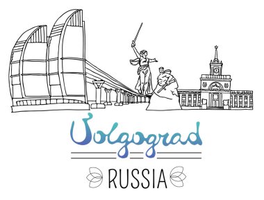 Volgograd şehri, Rusya yerlerinden kümesi. Siyah kalem çizimler ve siluetleri binaların ve Volgograd içinde bulunan anıtlar. Beyaz arka plan üzerinde vektör çizim.