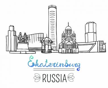 Ekaterinburg şehir, Rusya yerlerinden kümesi. Siyah kalem çizimler ve siluetleri binaların ve Ekaterinburg içinde bulunan anıtlar. Beyaz arka plan üzerinde vektör çizim.