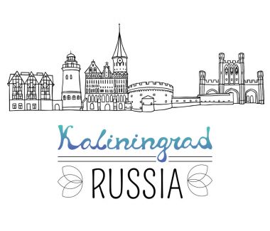 Kaliningrad şehir, Rusya yerlerinden kümesi. Siyah kalem çizimler ve Kaliningrad içinde bulunan ünlü binaların siluetleri. Beyaz arka plan üzerinde vektör çizim.
