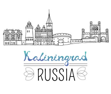 Set of the landmarks of Kaliningrad city, Russia. Black pen sketches and silhouettes of famous buildings located in Kaliningrad. Vector illustration on white background. clipart