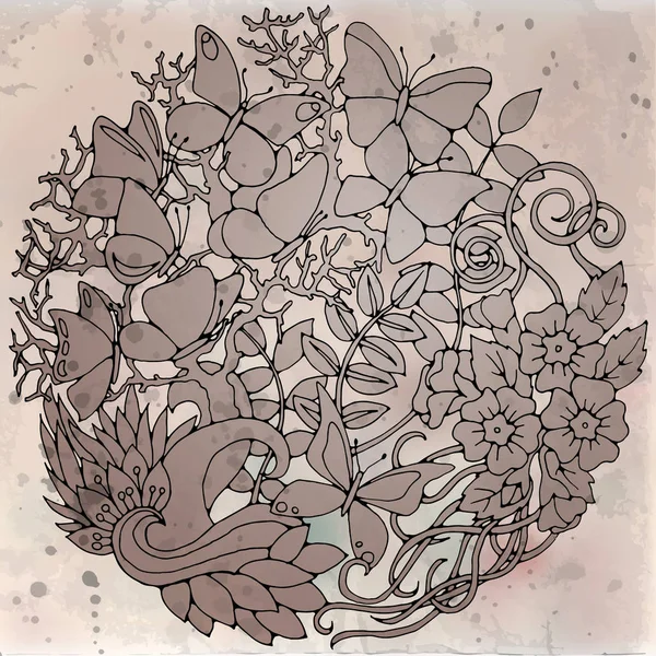 Floral beige abstract ornament with butterflies. Vintage textured style. Vector design. — Stock Vector