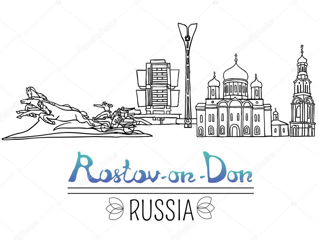 Set of the landmarks of Rostov-on-Don city, Russia. Black pen sketches and silhouettes of famous buildings located in Rostov-on-Don. Vector illustration on white background.