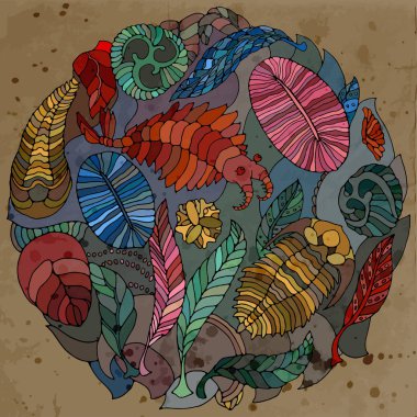 Fauna of Neoproterozoic and Paleozoic Era. Bright illustration on white background. Anomalocaris, Vendia, Dickinsonia, Charnita, Trilobita. Circle pattern. clipart