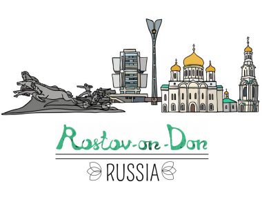 Rostov-on-Don şehir, Rusya yerlerinden kümesi. Rostov-on-Don içinde bulunan ünlü binaların Colorillustrations. Beyaz arka plan üzerinde vektör çizim.