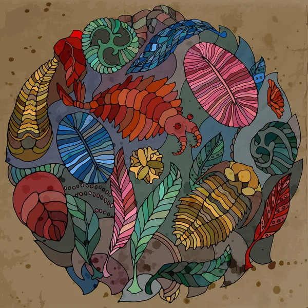 Neoproterozoic와 고생대 시대 동물군 흰색 배경에 밝은 그림. Anomalocaris, Vendia, Dickinsonia, Charnita, Trilobita. 원형 패턴. — 스톡 벡터