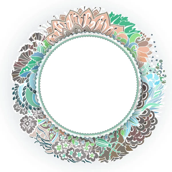 Floral ronde frame voor banner. Boho stijl patroon met bladeren, golven, bloemen. Abstract vector design. — Stockvector
