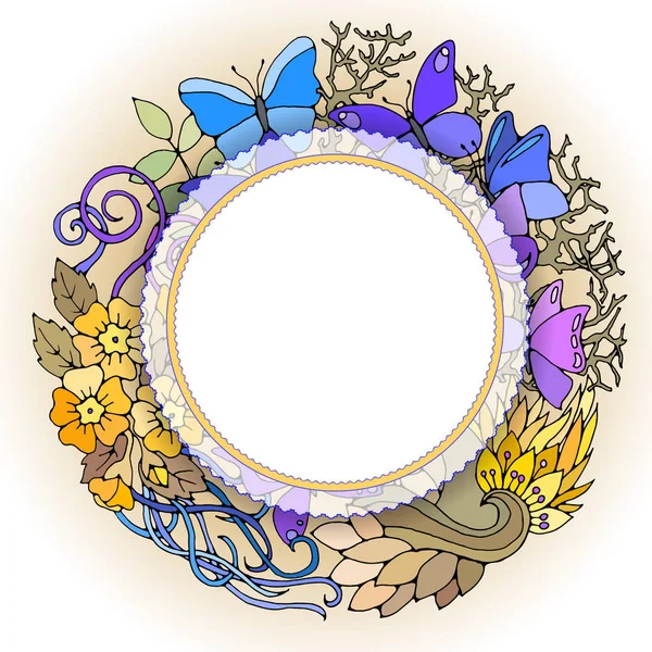 Floral ronde frame voor banner. Creatieve patroon met vlinders, bloemen, bladeren, golven. Abstract vector design. — Stockvector