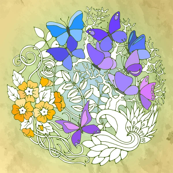 Yapraklar, çiçekler, dalgalar, böcekler ile çiçek soyut süsleme. Stil dokulu. Pastel renkler. Vektör tasarımı. — Stok Vektör