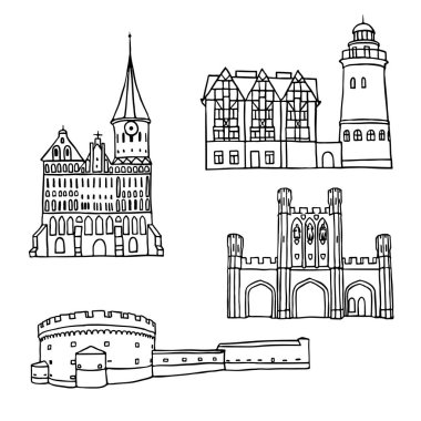 Black pen sketches and silhouettes of famous architecture. Set of the landmarks of Kaliningrad city, Russia. Vector illustration on white background. clipart