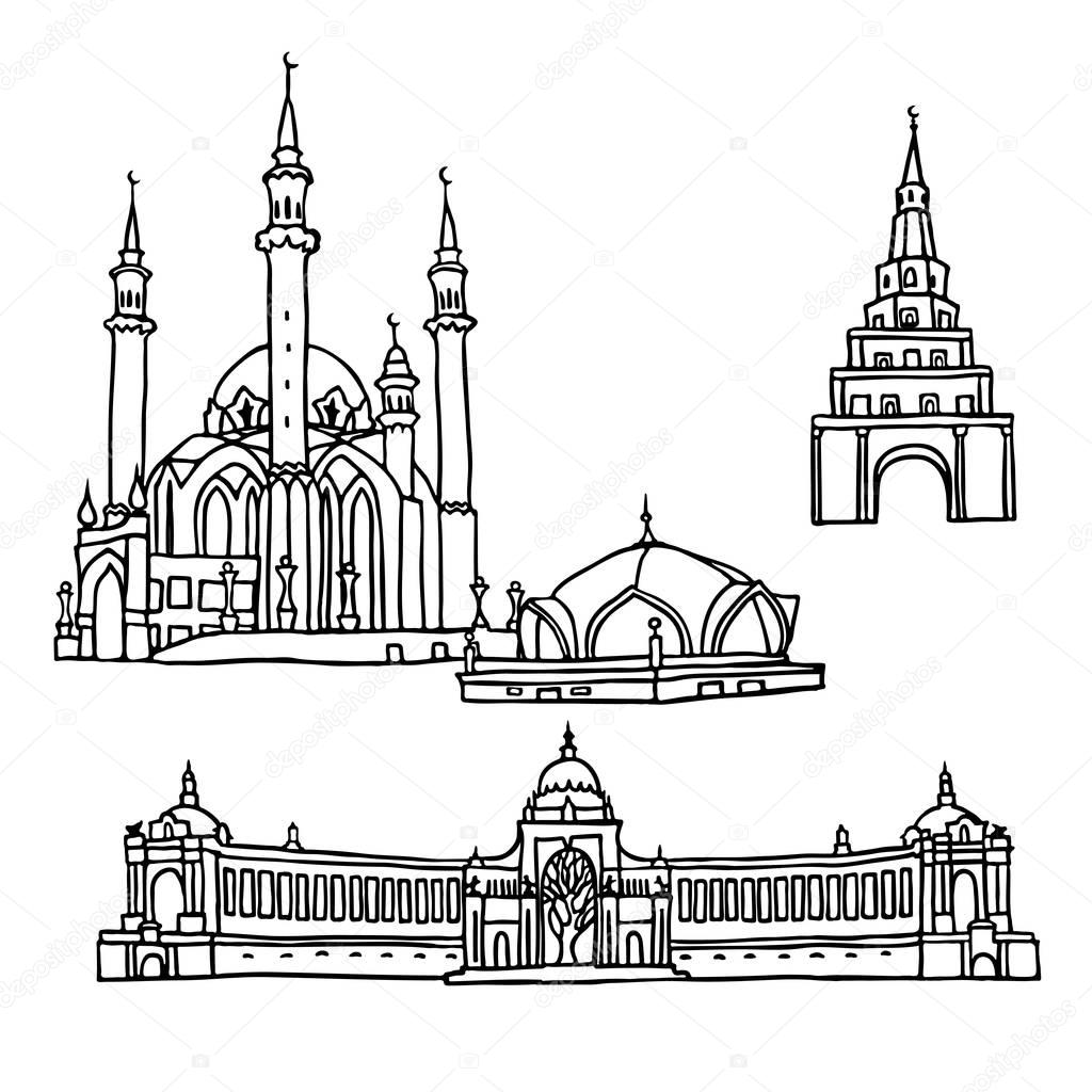 Black pen sketches and silhouettes of famous architecture. Set of the landmarks of Kazan city, Russia. Vector illustration on white background.