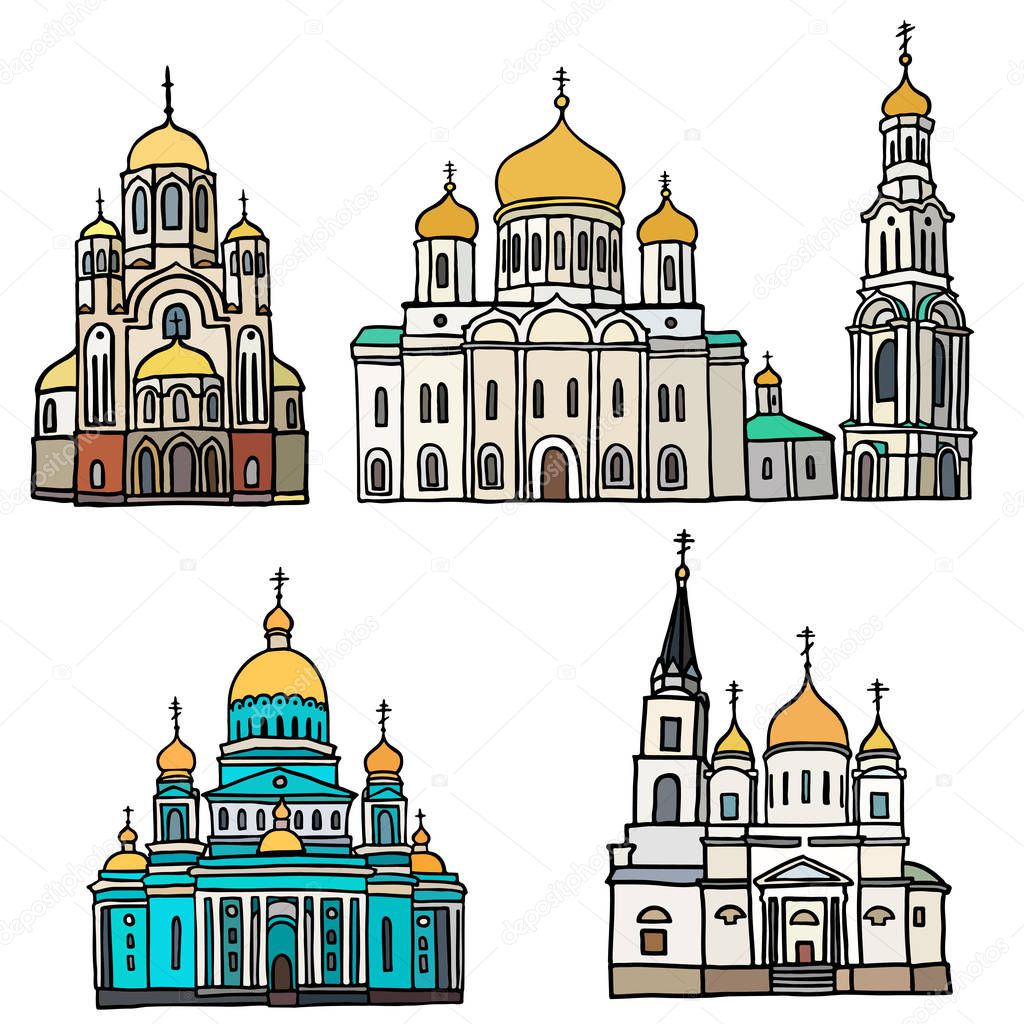 Set of russian orthodox churches and belltower. Color vector illustration on white background.