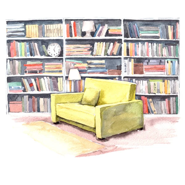 Ilustración en acuarela. Moderna sala de biblioteca con un sillón y una gran cantidad de libros de color — Foto de Stock